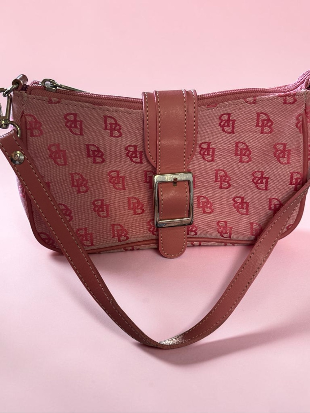Dooney & Bourke Pink Canvas Logo Shoulder Bag with Buckle Detail